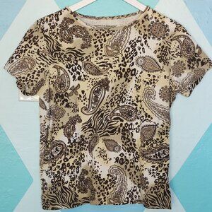 Paisley and leopard print tee, women's S, cream and tan colors. Like new!